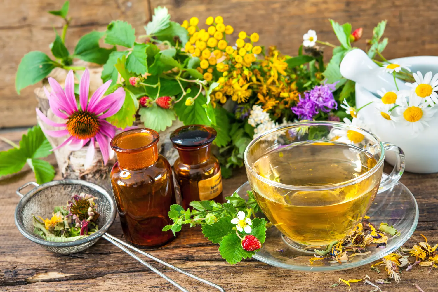 Tasse Kräutertee mit Wildblumen und verschiedenen Kräutern